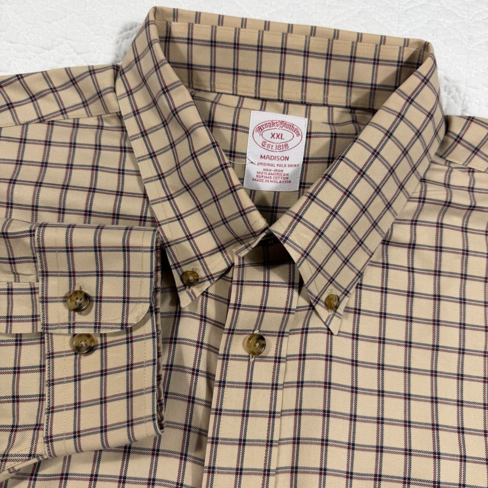 Brooks Brothers Shirt Mens XXL Tan Check Madison Non-Iron Supima Cotton EUC